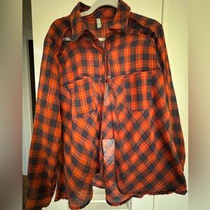 Free People Women's Lace-Up Shoulder Plaid Snap Button Shirt Size S Orange Blue